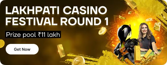 Engaging Promotional Banner with Gold Coins, Masked Man & Woman with Gold Bars - Highlighting the Lakhpati Casino Festival ₹11 Lakh Prize Pool